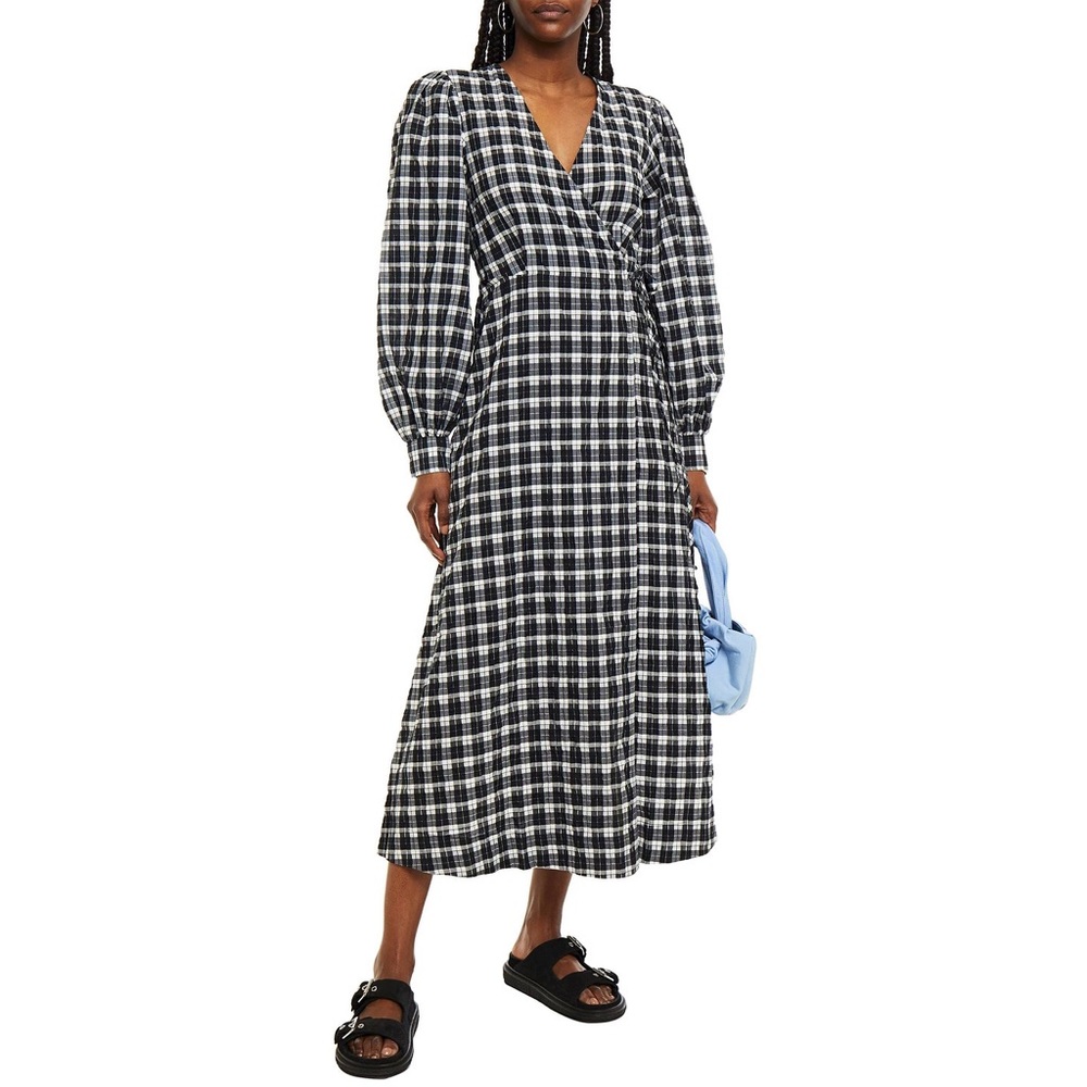 Ganni Black Seersucker Check Wrap Dress